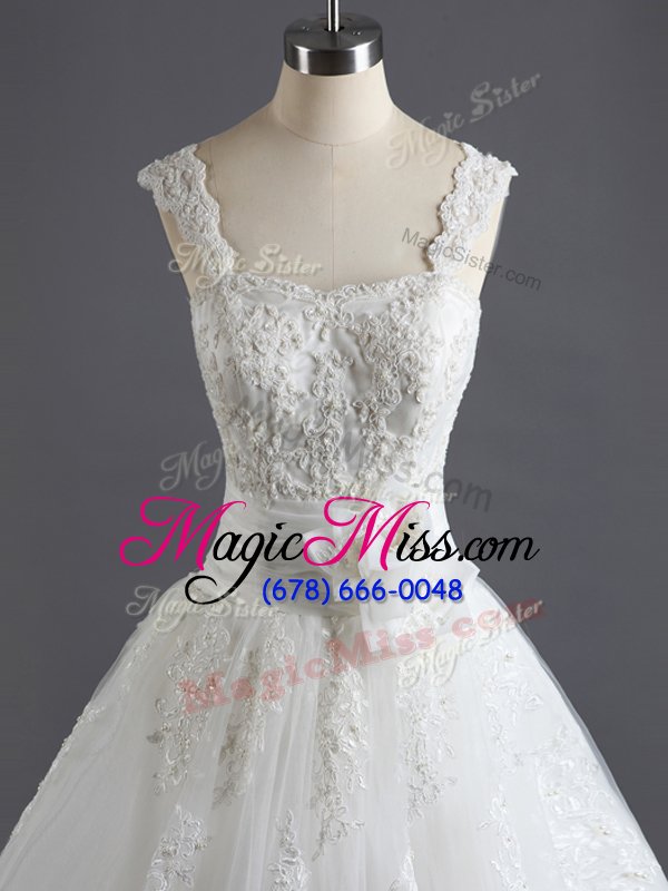 wholesale dynamic white tulle and lace lace up wedding gown sleeveless court train lace