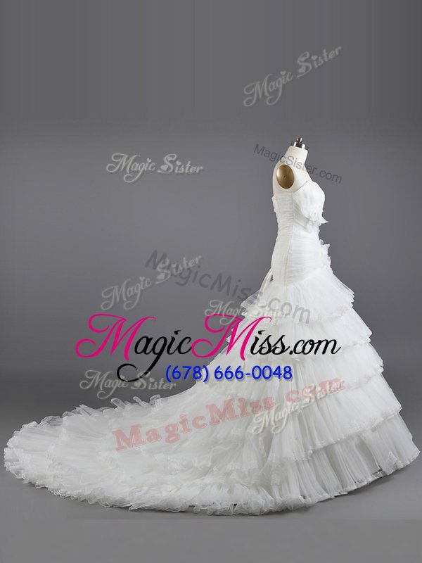 wholesale elegant white strapless lace up ruffled layers and hand made flower wedding dresses brush train sleeveless