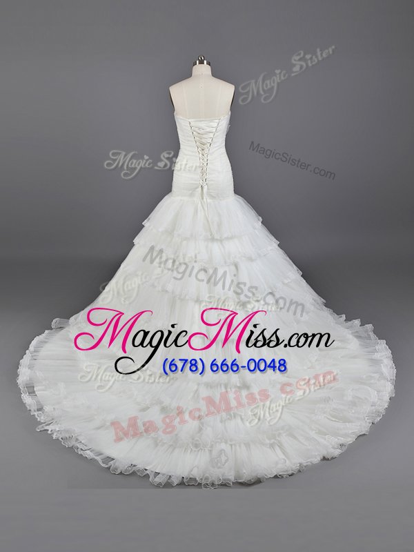 wholesale elegant white strapless lace up ruffled layers and hand made flower wedding dresses brush train sleeveless