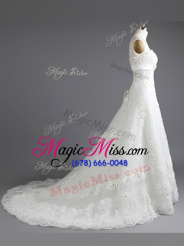 wholesale glittering white column/sheath strapless sleeveless lace with train court train lace up beading and lace bridal gown
