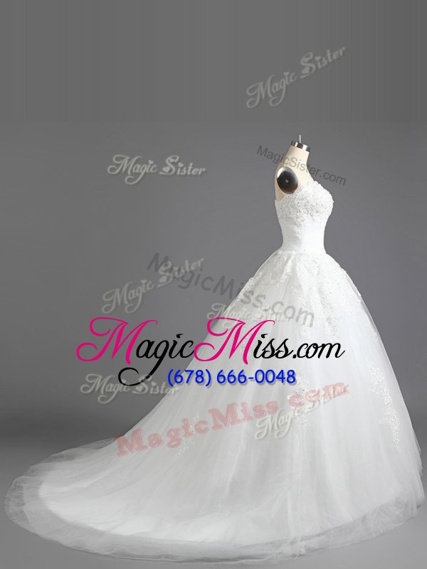wholesale cheap tulle strapless sleeveless court train lace up beading and appliques wedding gown in white