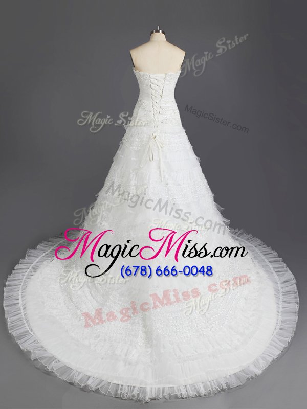 wholesale cheap sleeveless with train beading and appliques and ruffled layers lace up wedding gowns with white court train