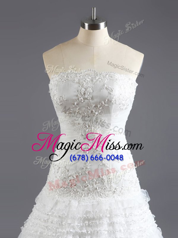 wholesale cheap sleeveless with train beading and appliques and ruffled layers lace up wedding gowns with white court train