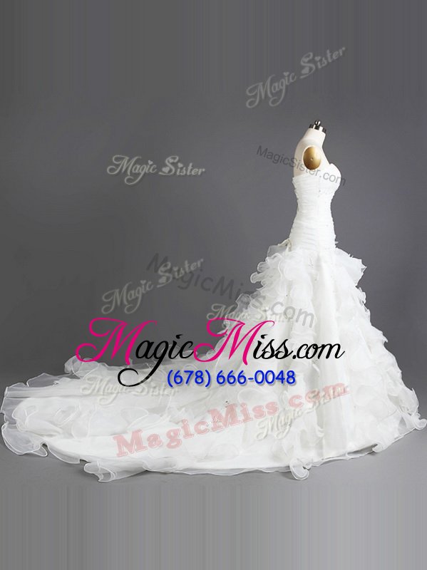 wholesale custom design white lace up wedding gown beading and ruffles sleeveless with train court train