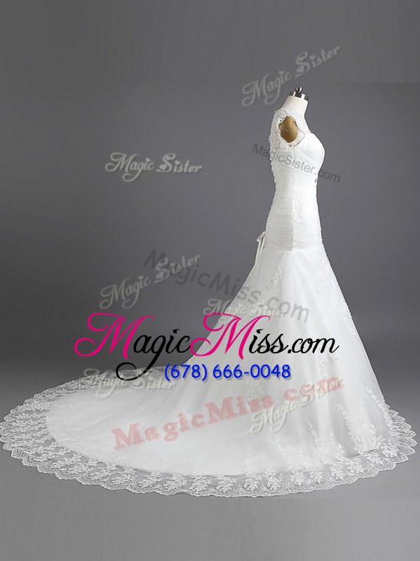 wholesale customized mermaid white lace up wedding gowns beading and lace sleeveless with train chapel train