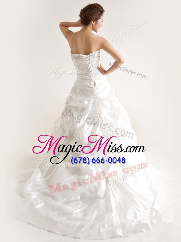 wholesale artistic white sleeveless court train beading and pick ups with train wedding gowns