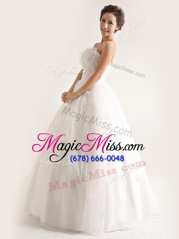 wholesale extravagant white a-line organza strapless sleeveless appliques floor length lace up bridal gown
