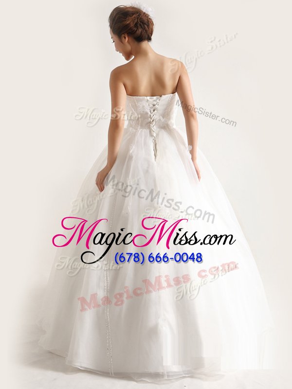 wholesale extravagant white a-line organza strapless sleeveless appliques floor length lace up bridal gown