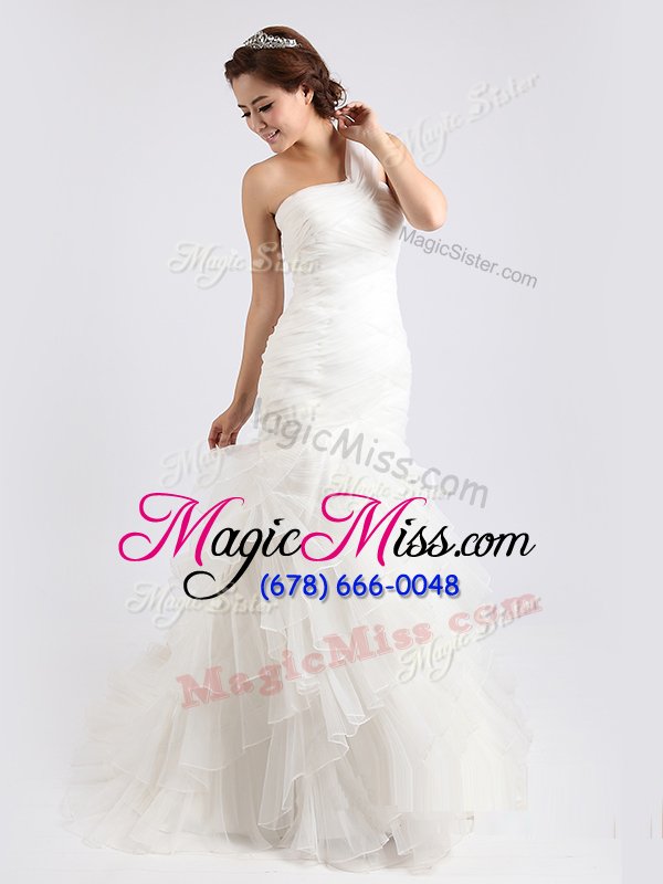 wholesale dazzling ruffled brush train mermaid wedding dresses white one shoulder organza sleeveless with train zipper