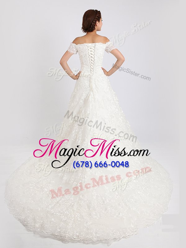 wholesale beauteous off the shoulder white lace lace up bridal gown short sleeves with train court train lace