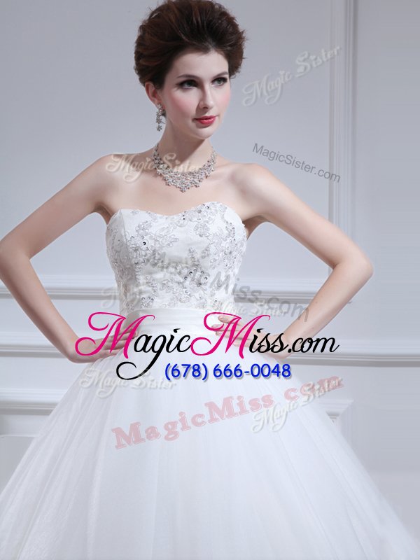 wholesale comfortable sleeveless tulle floor length lace up wedding dress in white for with beading and appliques