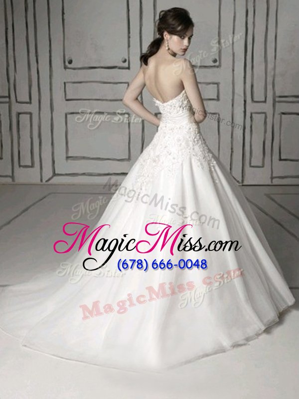 wholesale glittering strapless sleeveless wedding dresses with brush train appliques white tulle