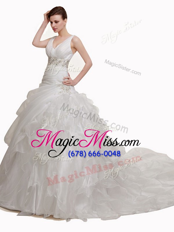 wholesale pick ups with train white wedding gowns v-neck sleeveless court train lace up