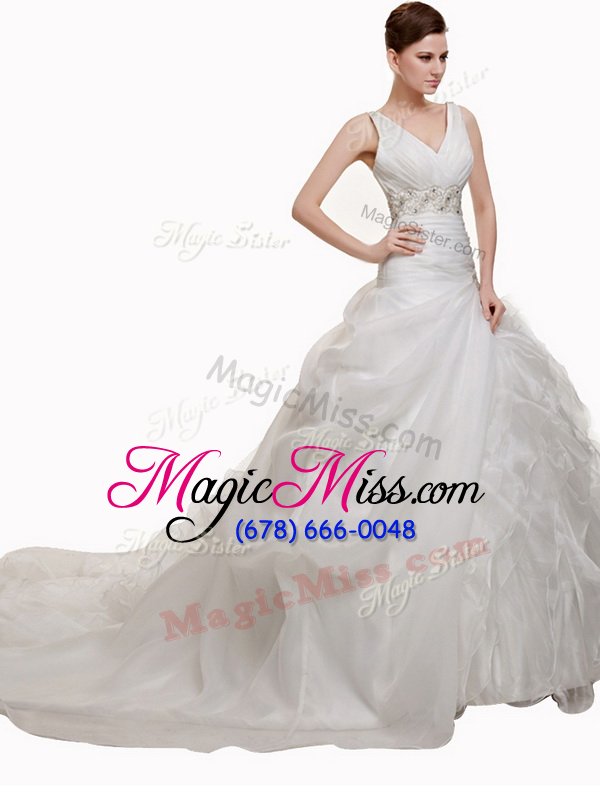 wholesale pick ups with train white wedding gowns v-neck sleeveless court train lace up