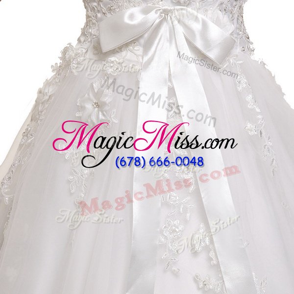 wholesale artistic white a-line tulle v-neck sleeveless appliques and sashes|ribbons with train lace up wedding dress chapel train