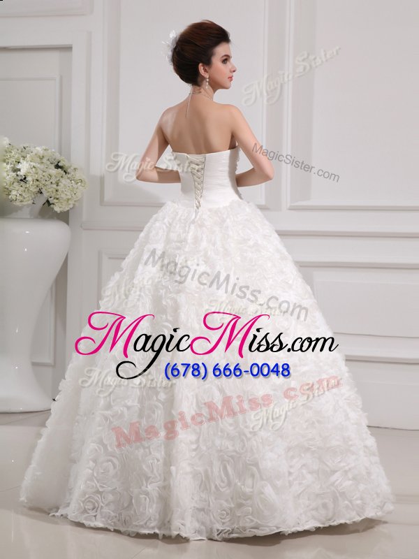 wholesale colorful white a-line sweetheart sleeveless fabric with rolling flowers floor length lace up lace wedding dress