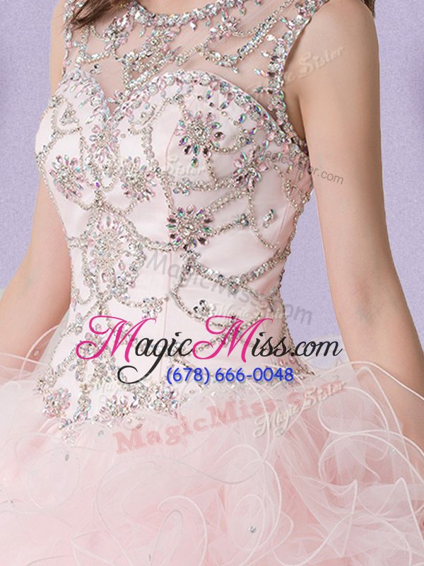 wholesale trendy scoop baby pink tulle lace up 15th birthday dress sleeveless floor length lace