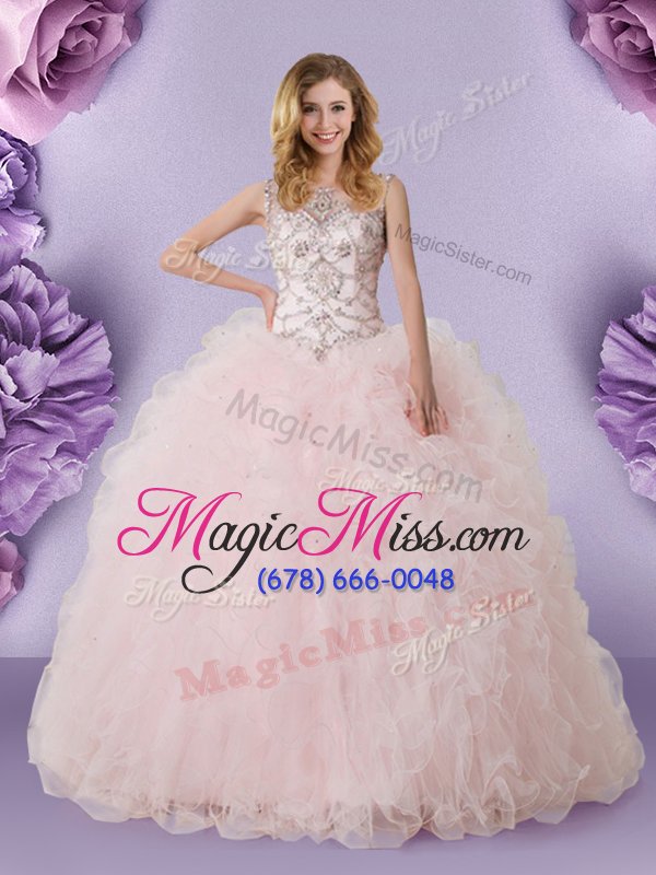wholesale trendy scoop baby pink tulle lace up 15th birthday dress sleeveless floor length lace