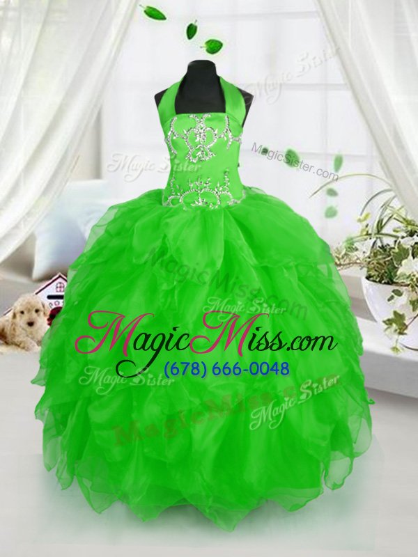 wholesale superior halter top sleeveless floor length appliques and ruffles lace up little girl pageant gowns with
