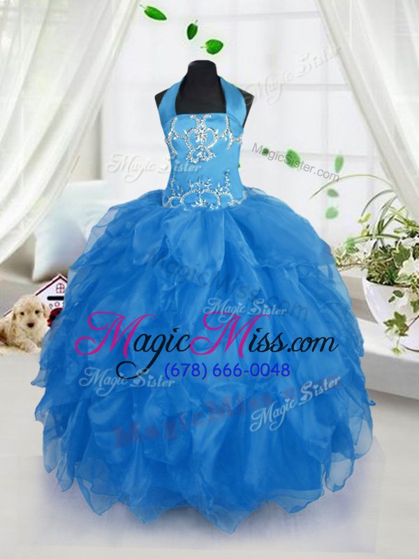 wholesale attractive ball gowns little girl pageant gowns baby blue halter top organza sleeveless floor length lace up
