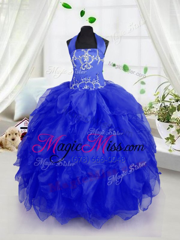 wholesale lovely halter top sleeveless organza kids formal wear appliques and ruffles lace up