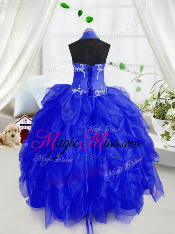 wholesale lovely halter top sleeveless organza kids formal wear appliques and ruffles lace up