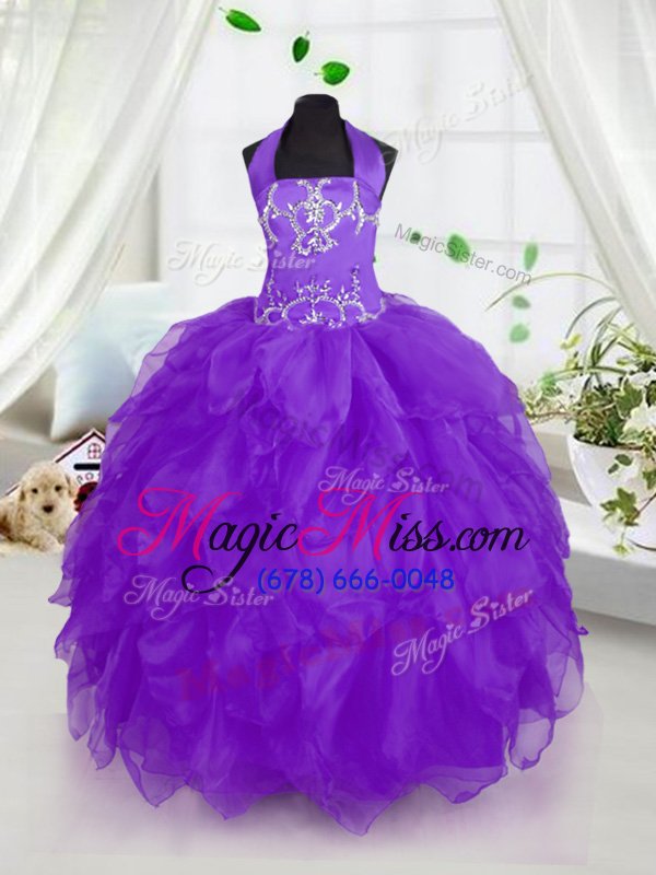 wholesale simple halter top sleeveless organza floor length lace up little girls pageant gowns in purple for with appliques and ruffles