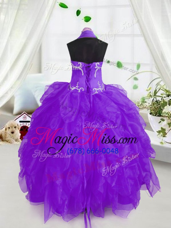 wholesale simple halter top sleeveless organza floor length lace up little girls pageant gowns in purple for with appliques and ruffles