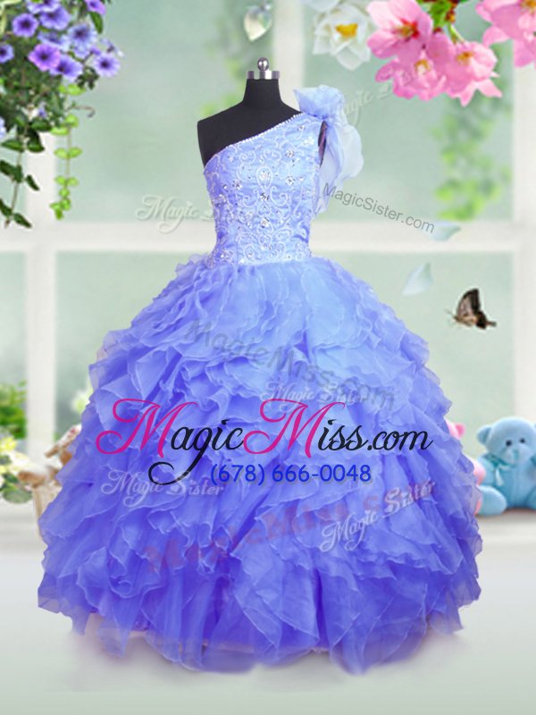 wholesale latest blue organza lace up one shoulder sleeveless floor length girls pageant dresses beading and ruffles