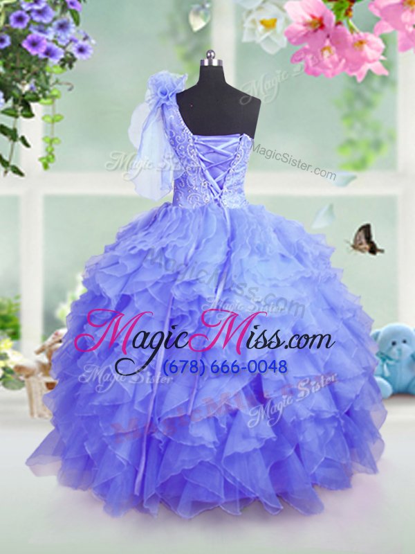 wholesale latest blue organza lace up one shoulder sleeveless floor length girls pageant dresses beading and ruffles