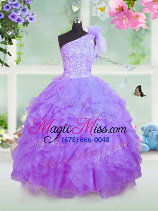 wholesale latest one shoulder lavender sleeveless beading and ruffles floor length little girls pageant gowns