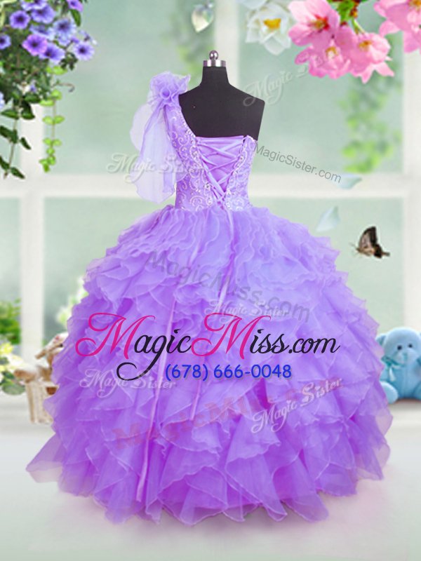 wholesale latest one shoulder lavender sleeveless beading and ruffles floor length little girls pageant gowns
