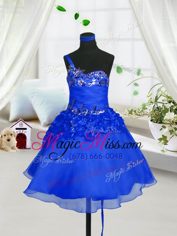 wholesale top selling sleeveless organza knee length lace up girls pageant dresses in blue for with beading and hand made flower