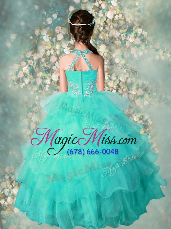 wholesale beauteous halter top turquoise ball gowns beading and ruffled layers pageant gowns for girls zipper organza sleeveless floor length