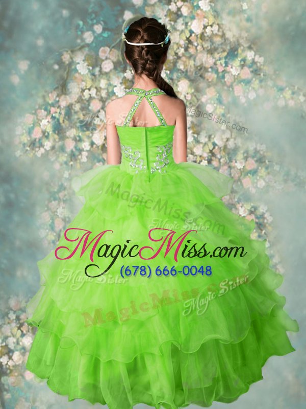 wholesale high class apple green zipper halter top beading and ruffled layers child pageant dress organza sleeveless