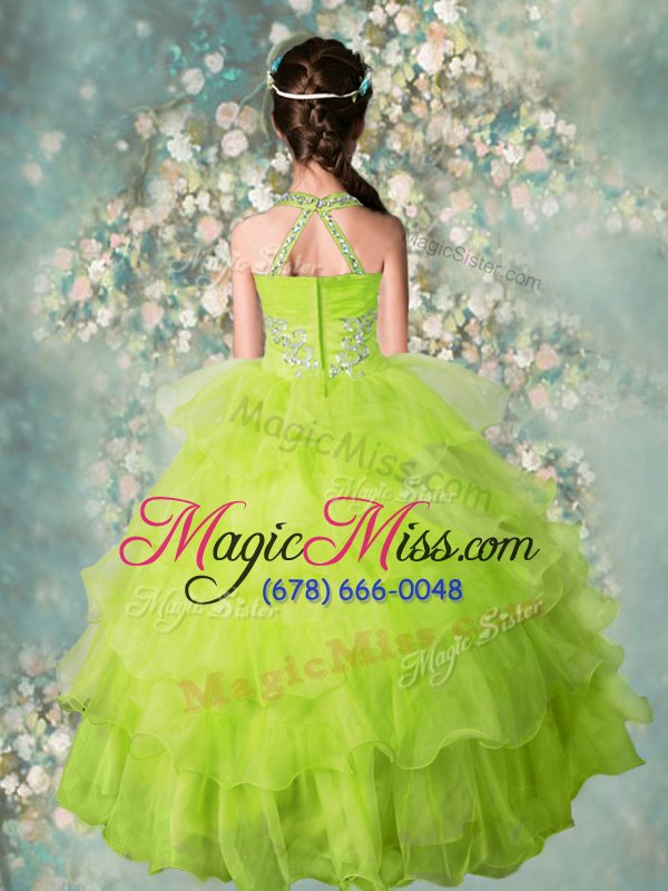 wholesale luxurious yellow green ball gowns organza halter top sleeveless beading and ruffled layers floor length zipper pageant gowns for girls