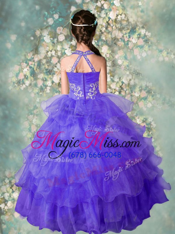 wholesale beautiful halter top beading and ruffled layers little girls pageant dress blue zipper sleeveless floor length