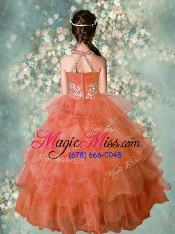 wholesale discount halter top beading and ruffled layers little girl pageant gowns orange zipper sleeveless floor length