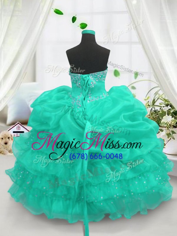 wholesale elegant sweetheart sleeveless child pageant dress floor length beading and ruffled layers and pick ups turquoise organza