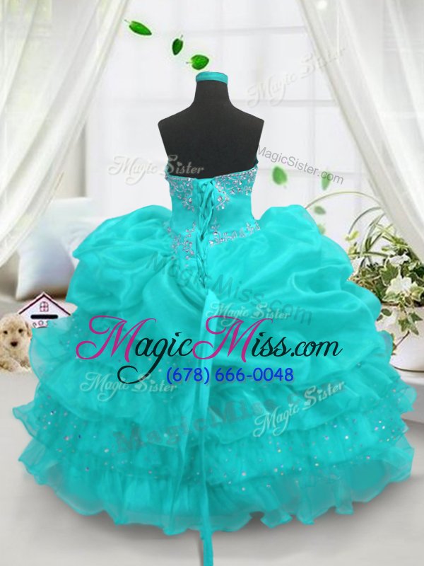 wholesale best aqua blue lace up little girl pageant gowns beading and ruffled layers and pick ups sleeveless floor length