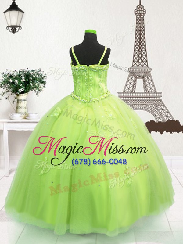 wholesale top selling apple green tulle zipper spaghetti straps sleeveless floor length kids pageant dress beading and appliques