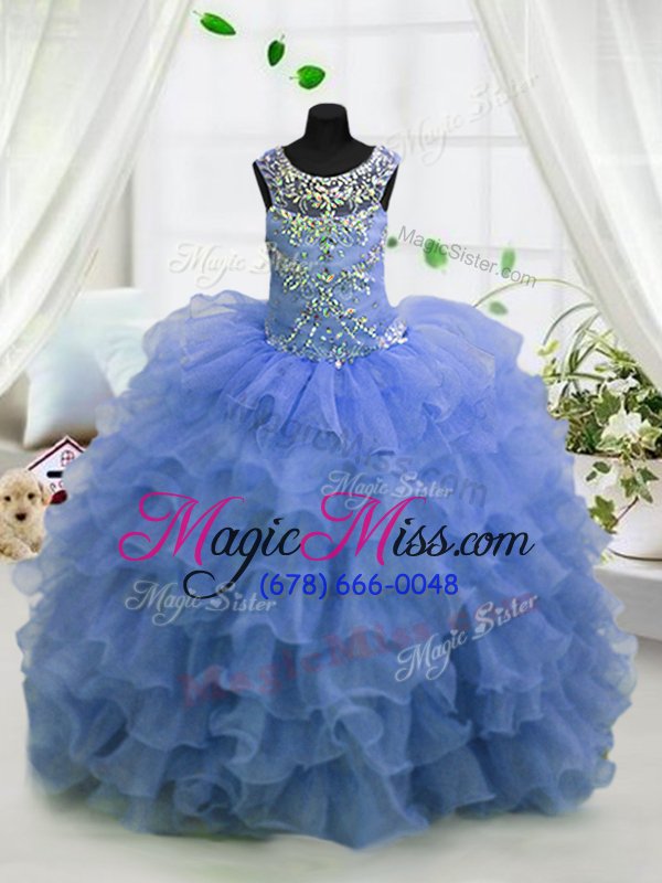 wholesale scoop sleeveless girls pageant dresses floor length beading and ruffled layers light blue organza