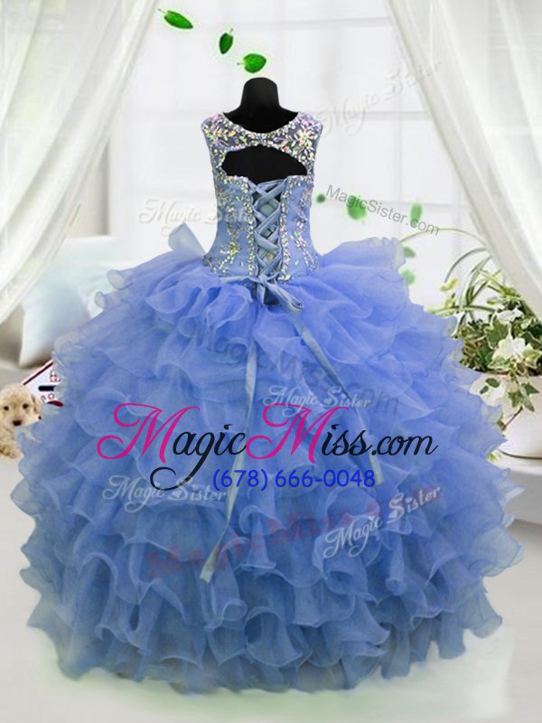 wholesale scoop sleeveless girls pageant dresses floor length beading and ruffled layers light blue organza