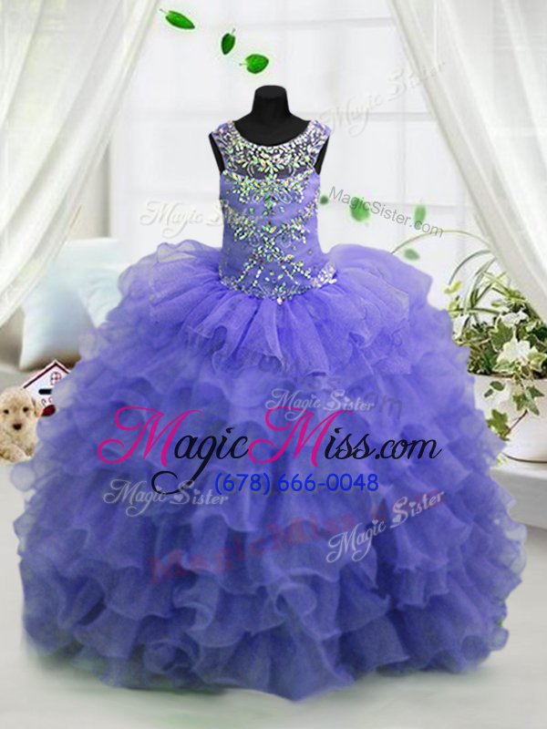 wholesale nice scoop floor length lace up little girls pageant dress baby blue and in for party and wedding party with beading and ruffled layers
