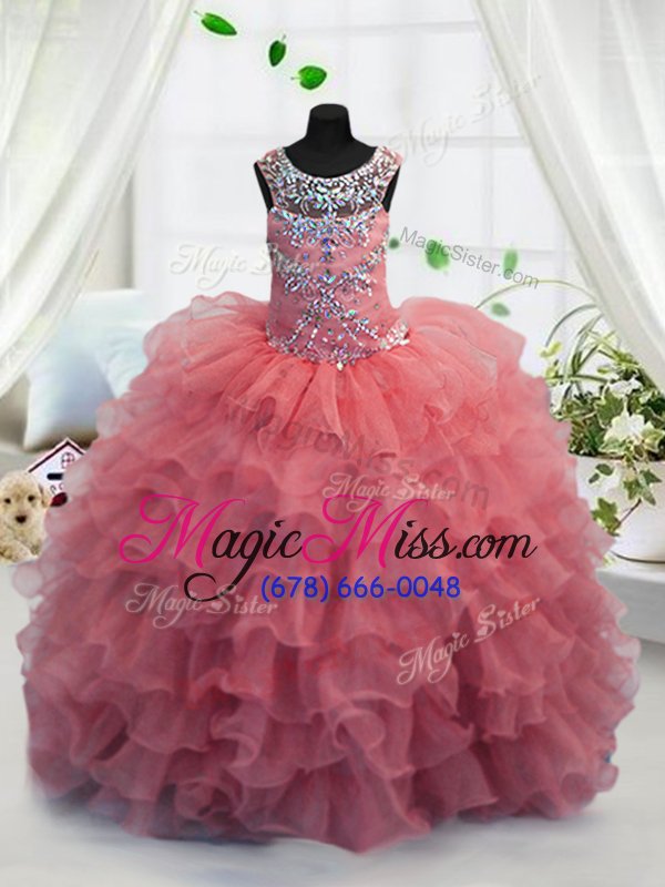 wholesale simple scoop floor length baby pink kids pageant dress organza sleeveless beading and ruffled layers