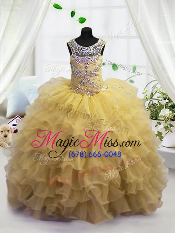 wholesale great scoop beading and ruffled layers little girls pageant gowns light yellow lace up sleeveless floor length