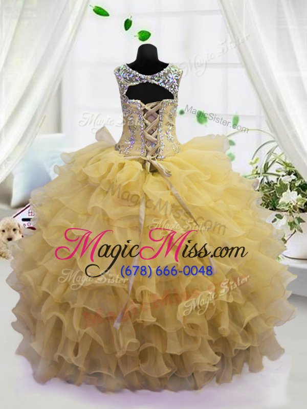 wholesale great scoop beading and ruffled layers little girls pageant gowns light yellow lace up sleeveless floor length