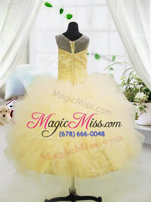 wholesale fashionable tulle scoop sleeveless zipper beading and appliques kids formal wear in light yellow