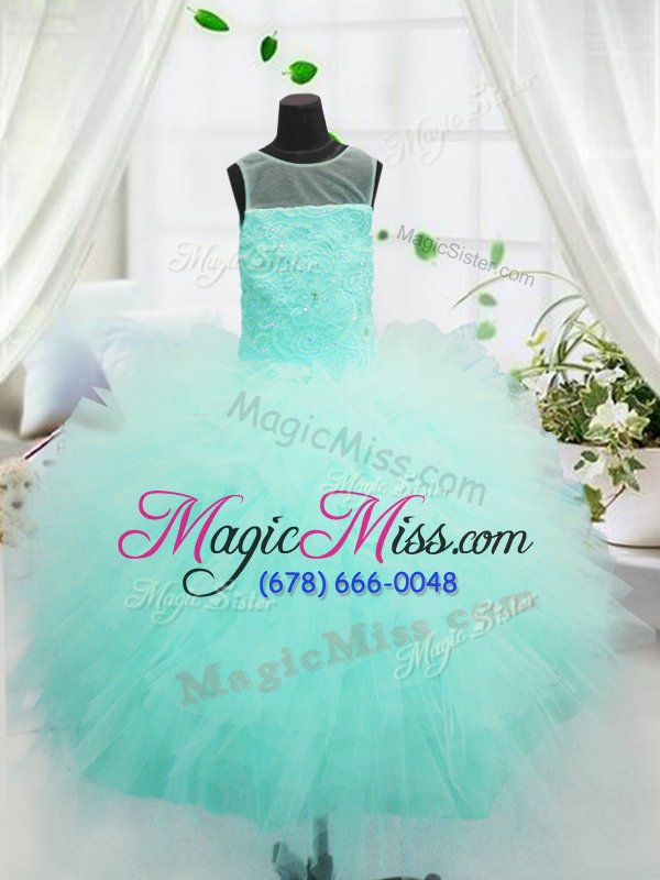 wholesale affordable scoop turquoise tulle zipper pageant gowns for girls sleeveless floor length beading and appliques
