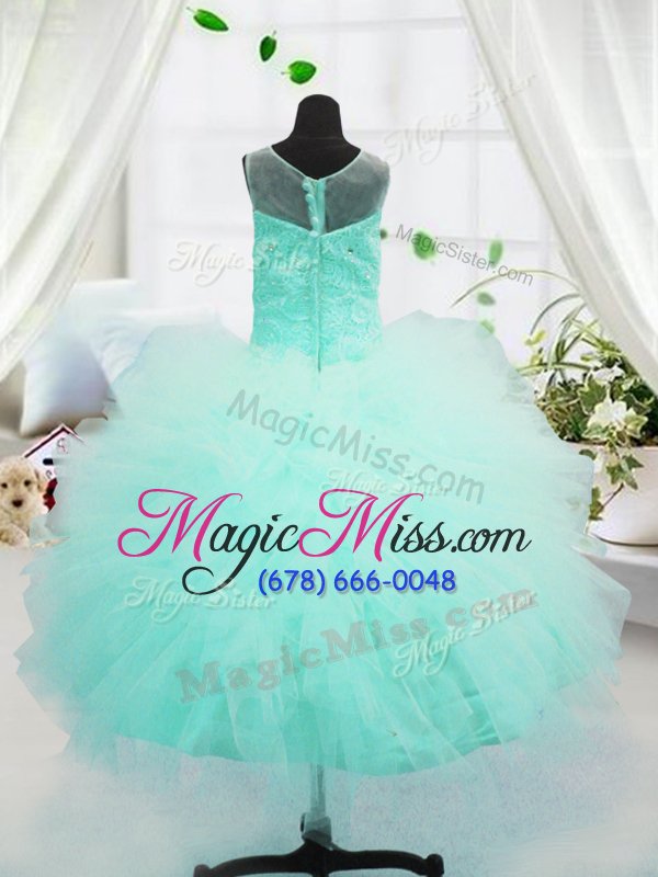 wholesale affordable scoop turquoise tulle zipper pageant gowns for girls sleeveless floor length beading and appliques